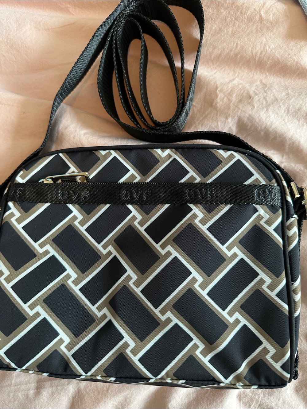 Diane Von Furstenberg Black and Cream Geometric Crossbody Bag
